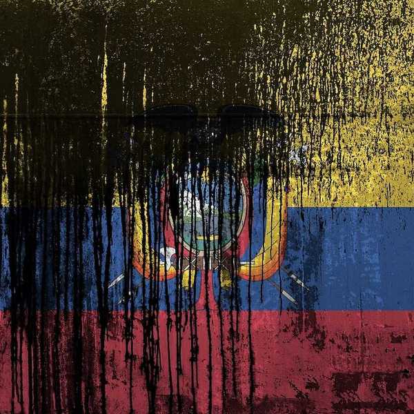 Ecuador flag depicted in paint colors on old and dirty oil barrel wall closeup. Textured banner on rough background