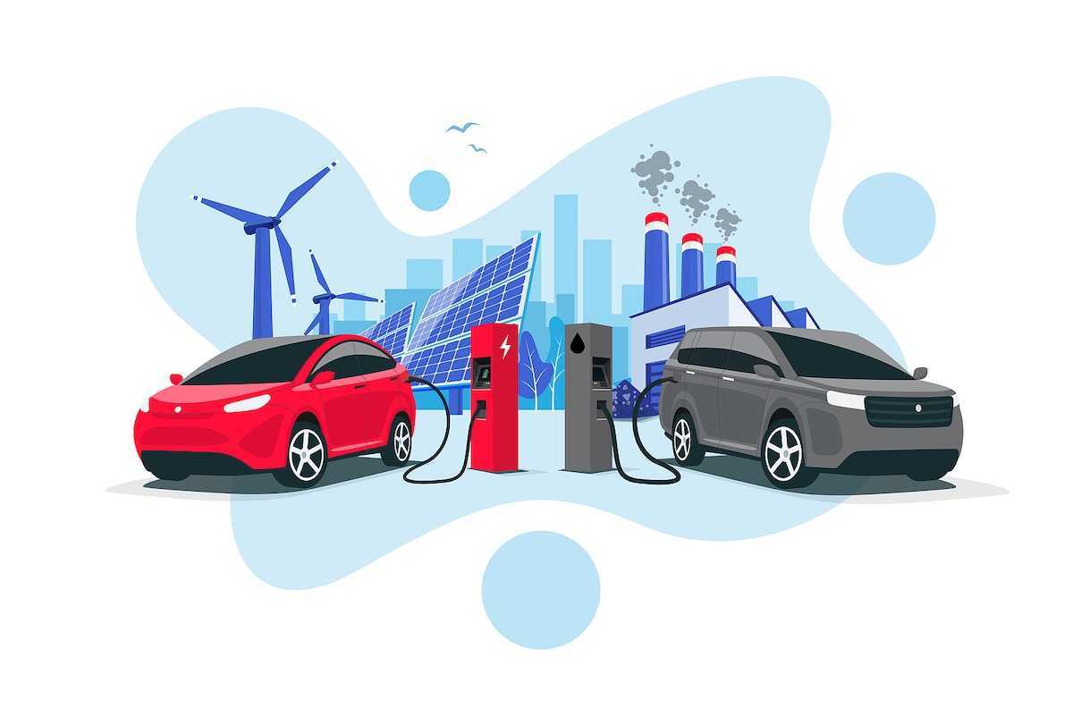Electric car charging at charger vs. diesel vehicle refueling petrol gas station. Renewable clean solar wind energy with old dirty fossil coal power generation.