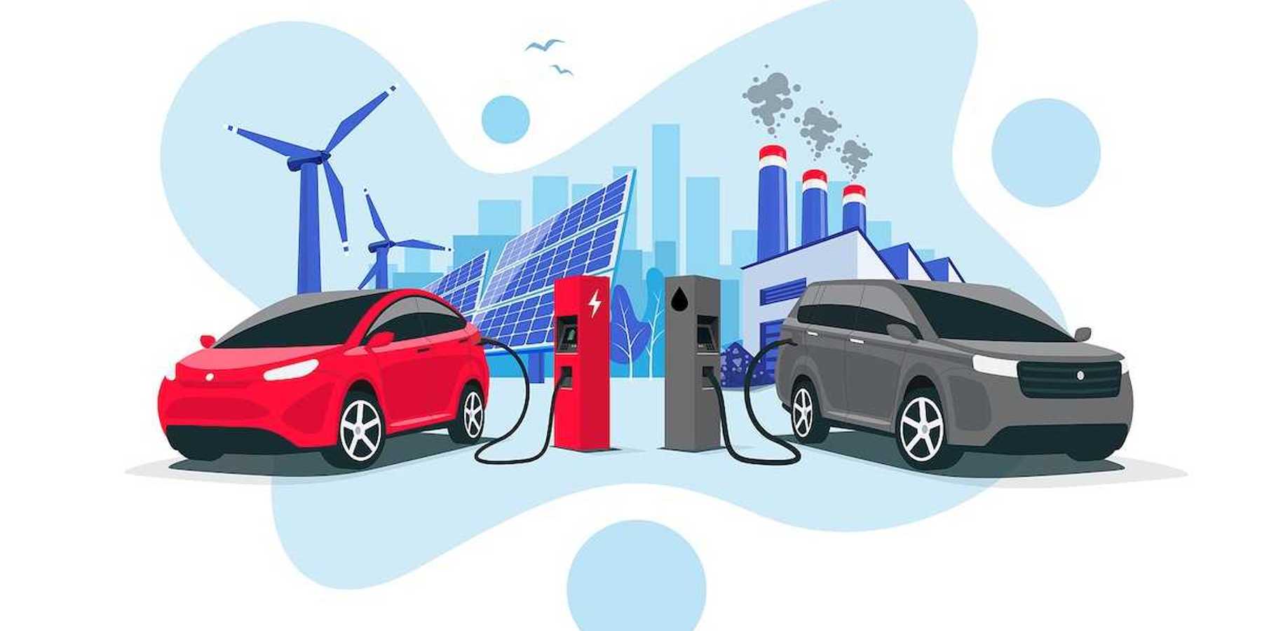 Electric car charging at charger vs. diesel vehicle refueling petrol gas station. Renewable clean solar wind energy with old dirty fossil coal power generation.