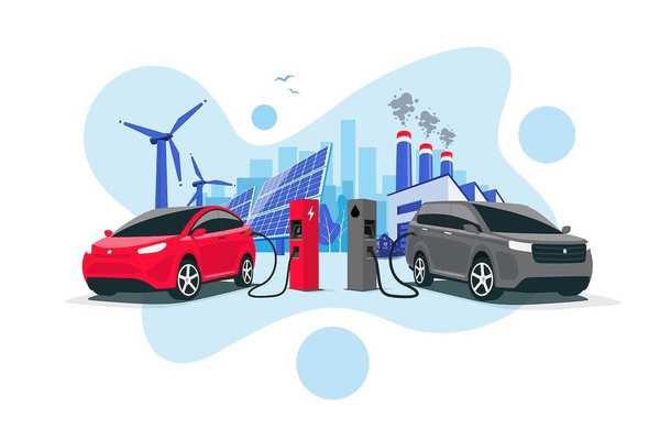 Electric car charging at charger vs. diesel vehicle refueling petrol gas station. Renewable clean solar wind energy with old dirty fossil coal power generation.