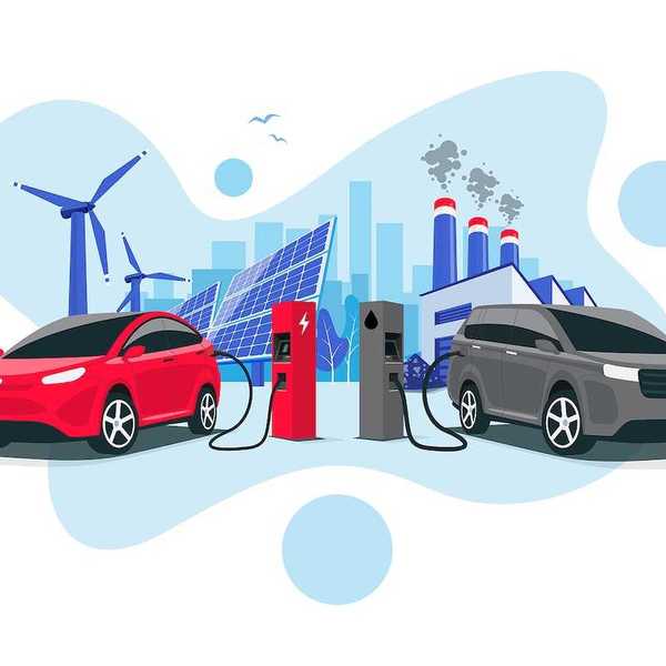 Electric car charging at charger vs. diesel vehicle refueling petrol gas station. Renewable clean solar wind energy with old dirty fossil coal power generation.