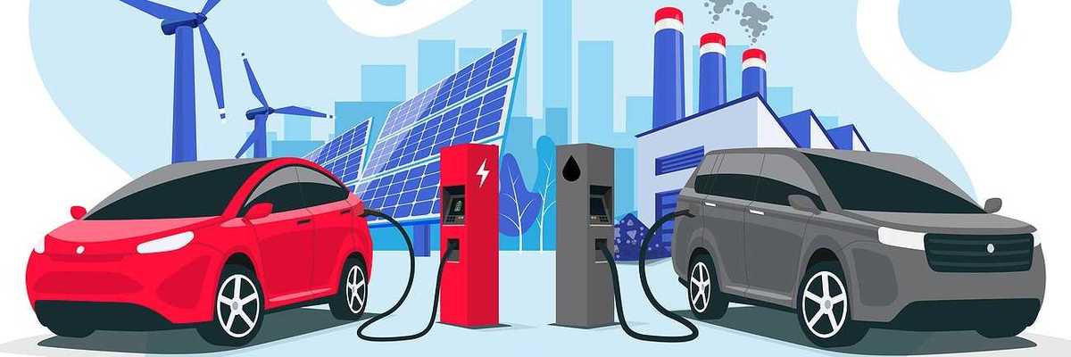 Electric car charging at charger vs. internal combustion vehicle refueling at petrol gas station. Renewable clean solar wind energy with old dirty fossil coal power generation.