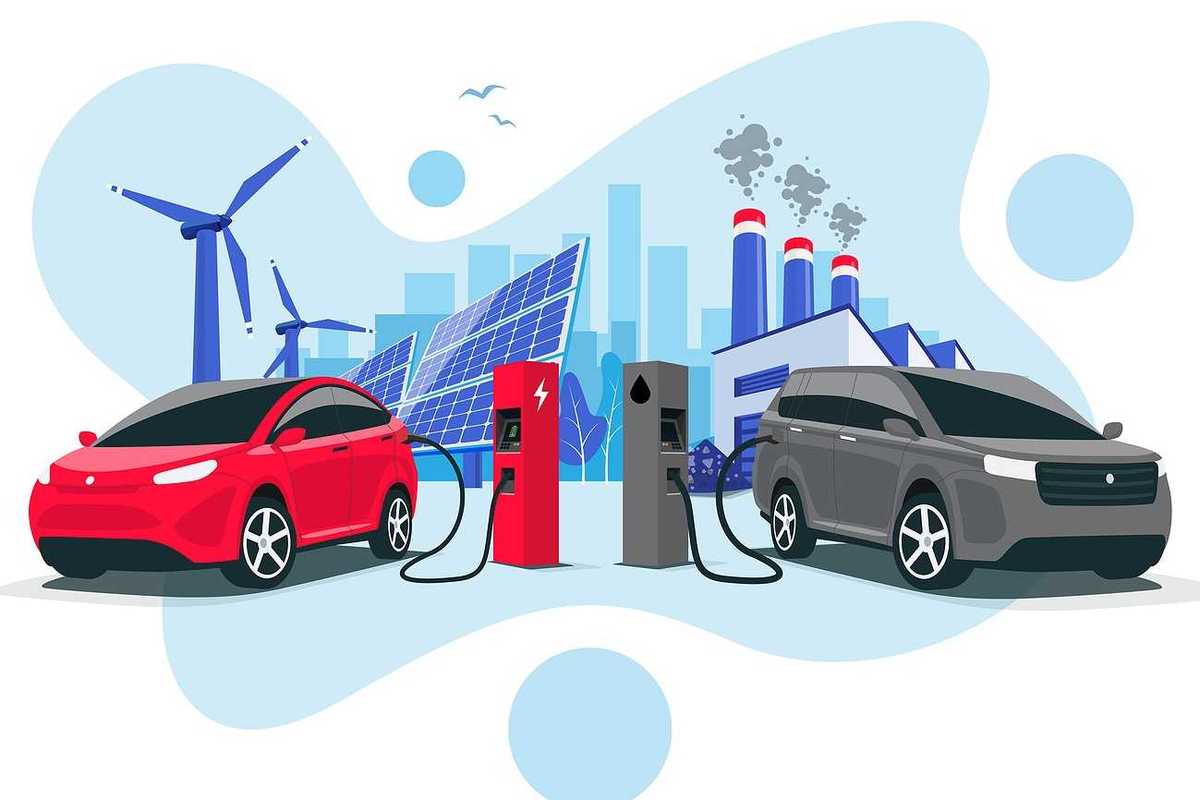 Electric car charging at charger vs. internal combustion vehicle refueling at petrol gas station. Renewable clean solar wind energy with old dirty fossil coal power generation.