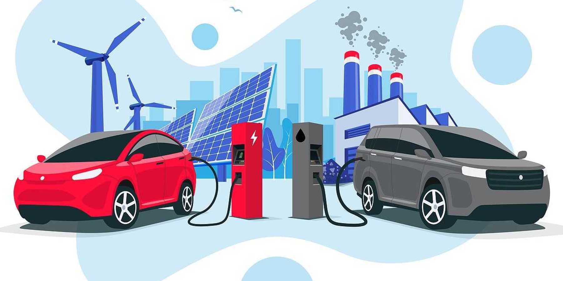 Electric car charging at charger vs. internal combustion vehicle refueling at petrol gas station. Renewable clean solar wind energy with old dirty fossil coal power generation.