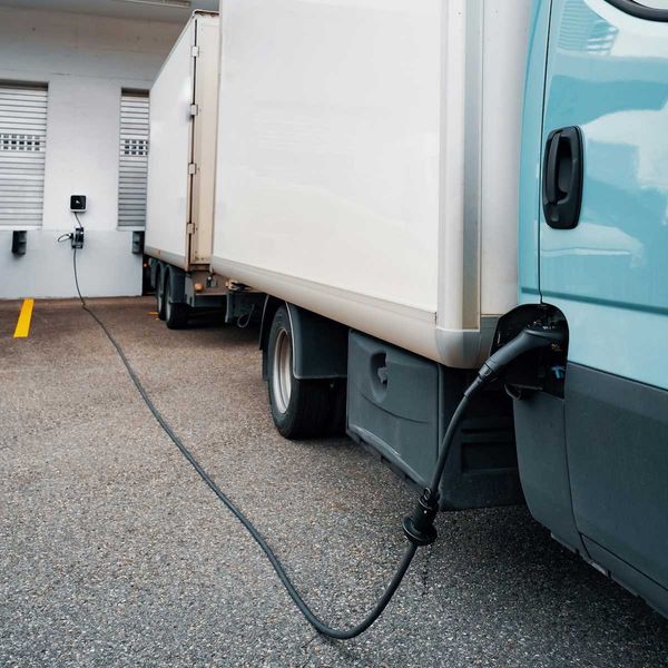 Electric semi-truck connected to charger at loading dock