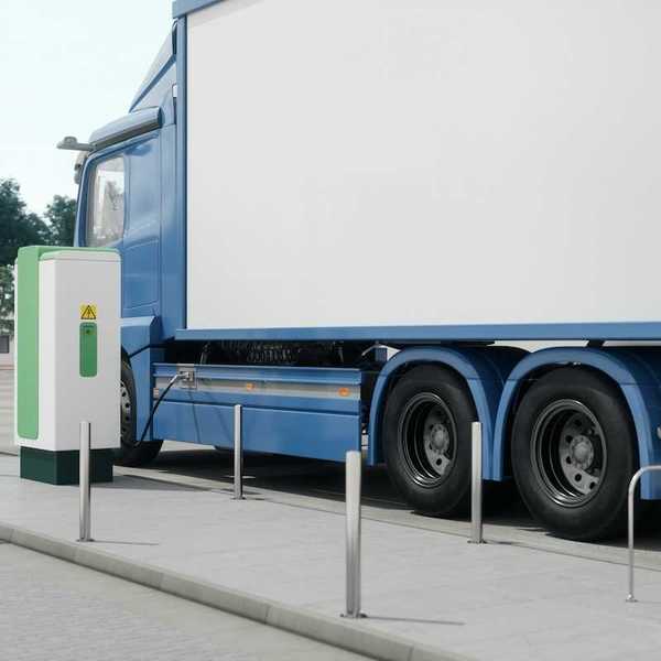 Electric semi-truck filling up at a charging station