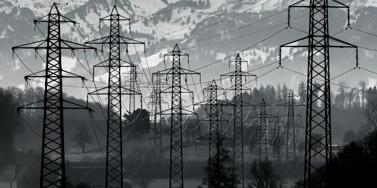 Electric towers and power lines stretching into the distance.