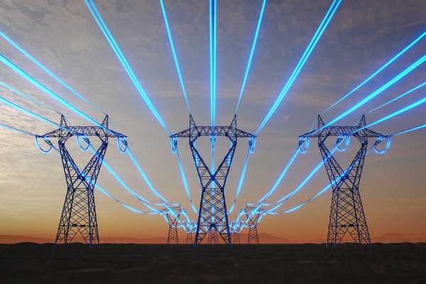 Electrical transmission lines with wire highlighted in blue effect