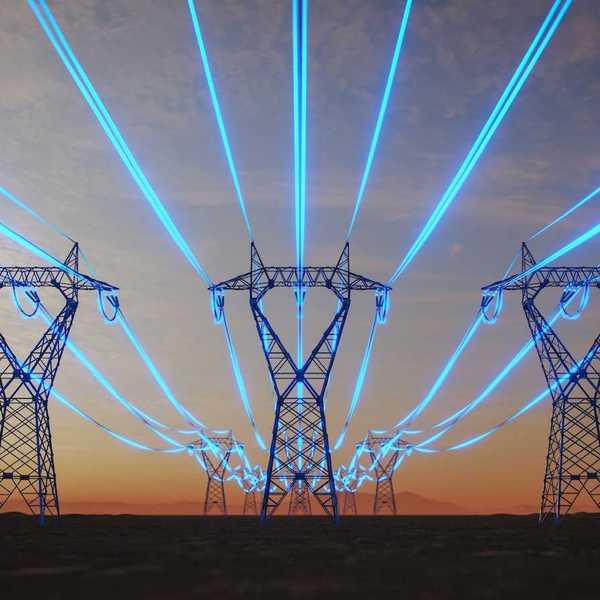Electrical transmission lines with wire highlighted in blue effect