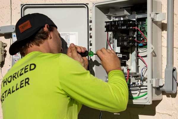 Electrician in yellow-green shirt using a screwdriver while working on an electrical service panel