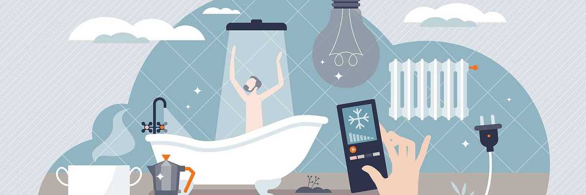 Energy consumption and water Graphic illustrating heating with electricity and natural gas usage for domestic lighting and kitchen cooking appliances.