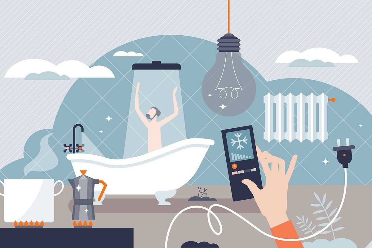 Energy consumption and water Graphic illustrating heating with electricity and natural gas usage for domestic lighting and kitchen cooking appliances.
