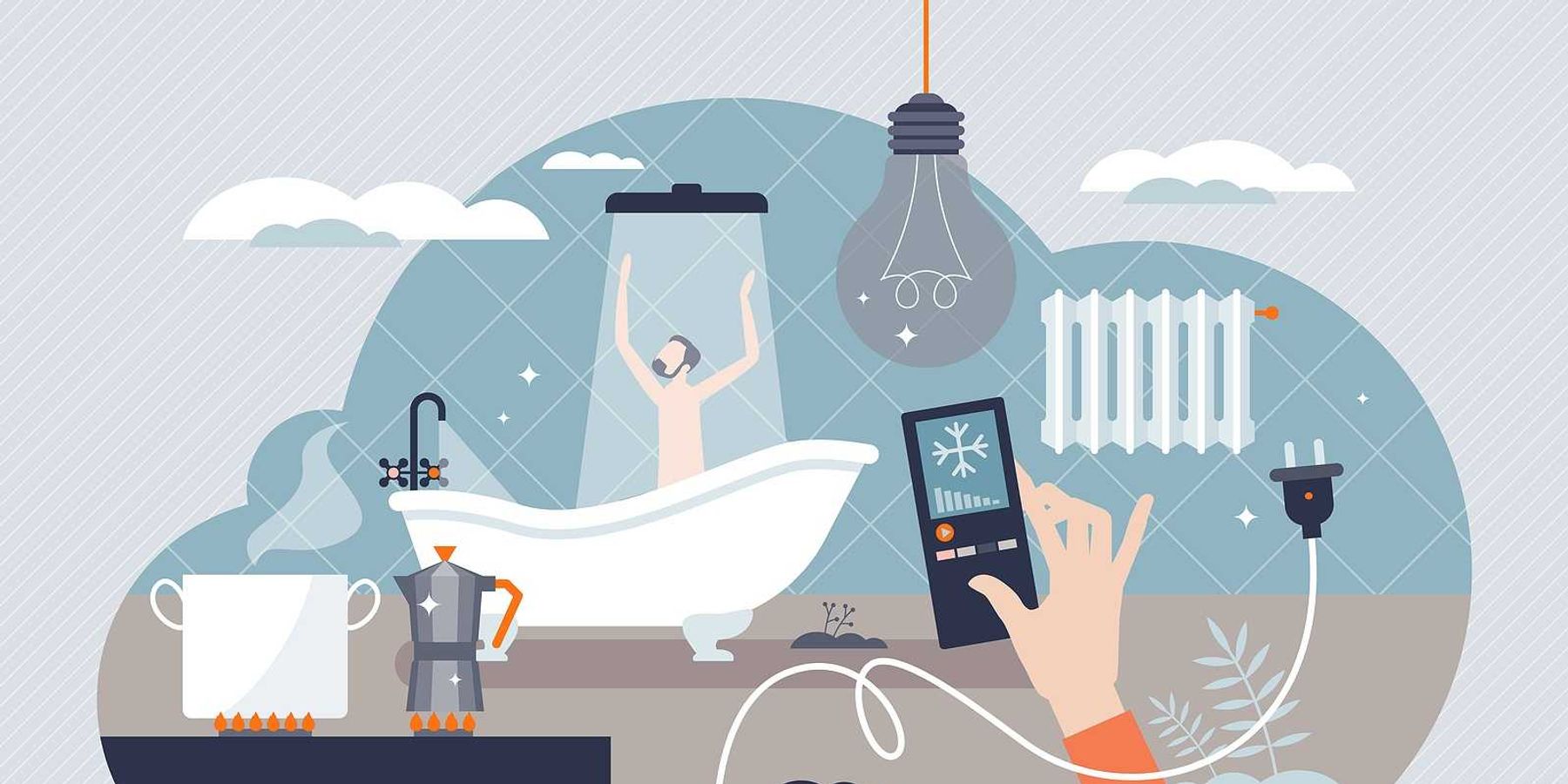 Energy consumption and water Graphic illustrating heating with electricity and natural gas usage for domestic lighting and kitchen cooking appliances.