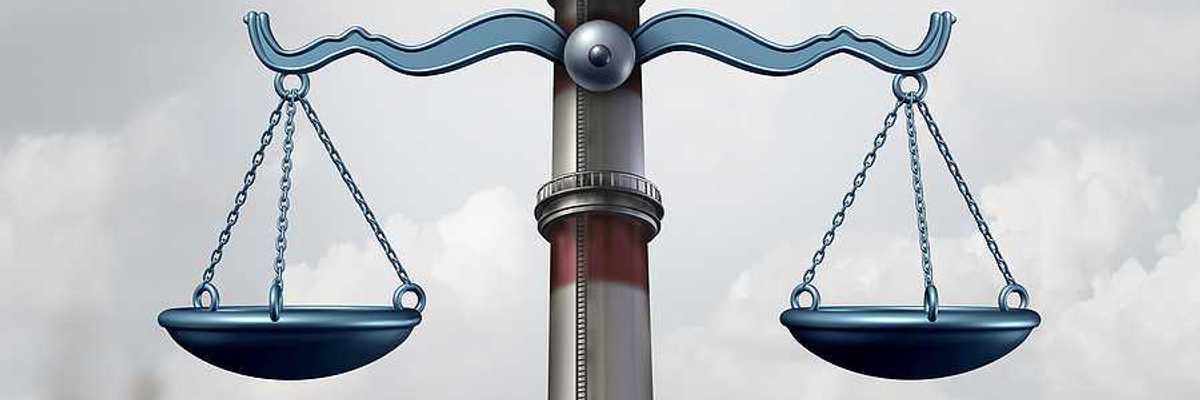 Environmental law symbol as an industrial smoke stack shaped as a justice scale as a metaphor for pollution regulations and clean air legislation.