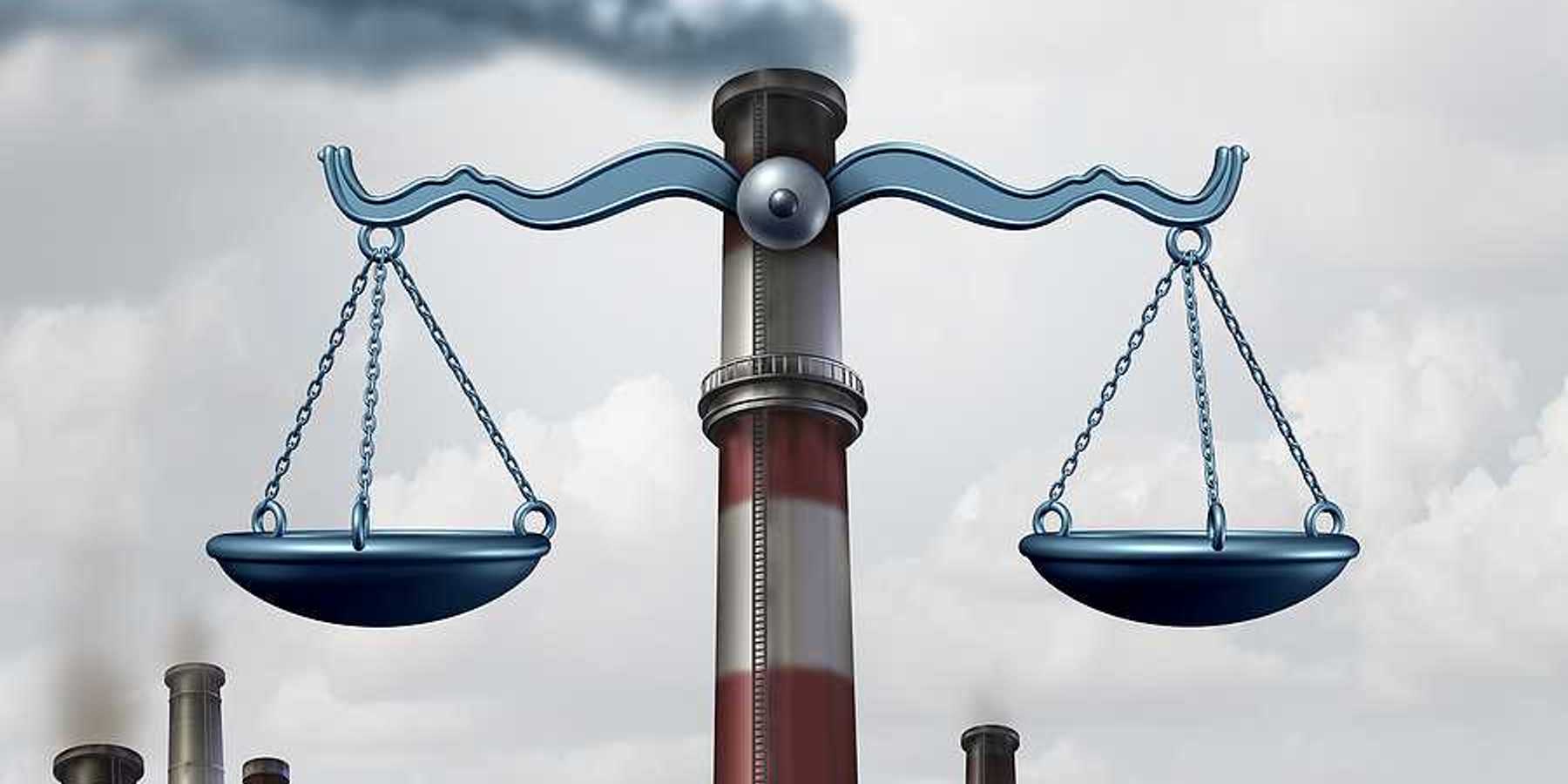 Environmental law symbol as an industrial smoke stack shaped as a justice scale as a metaphor for pollution regulations and clean air legislation.