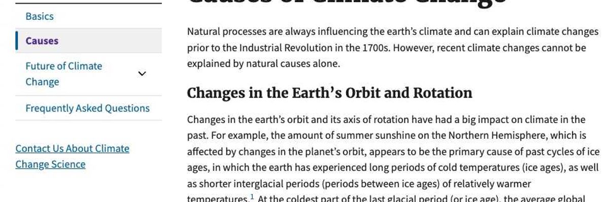 EPA web site page on causes of climate change