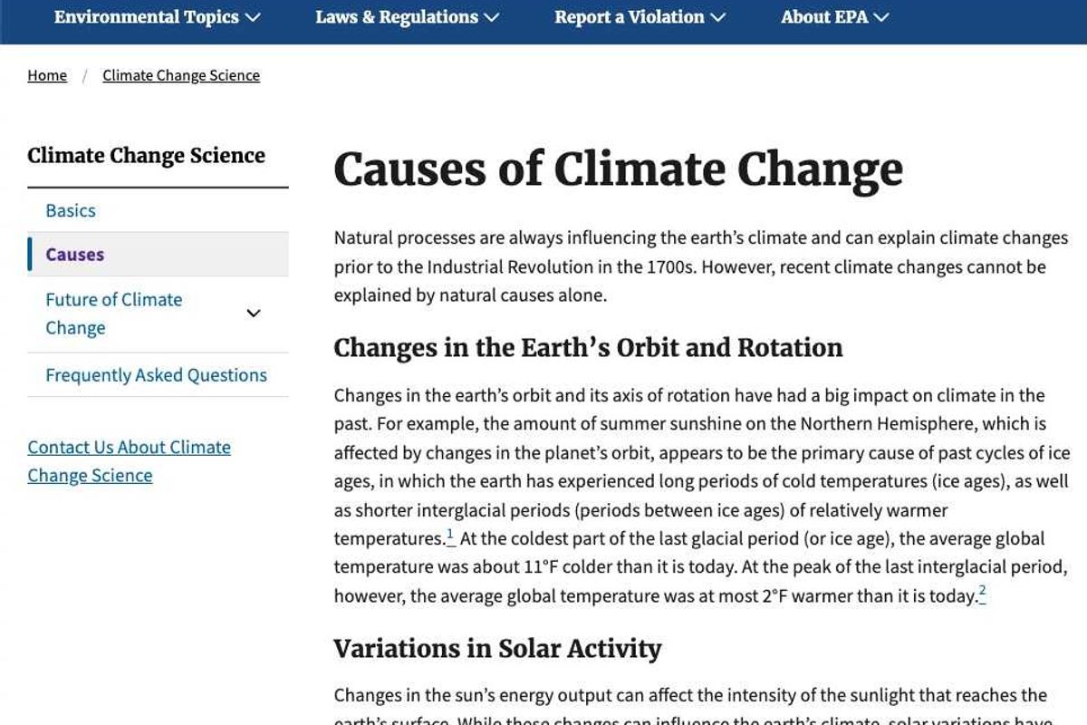 EPA web site page on causes of climate change