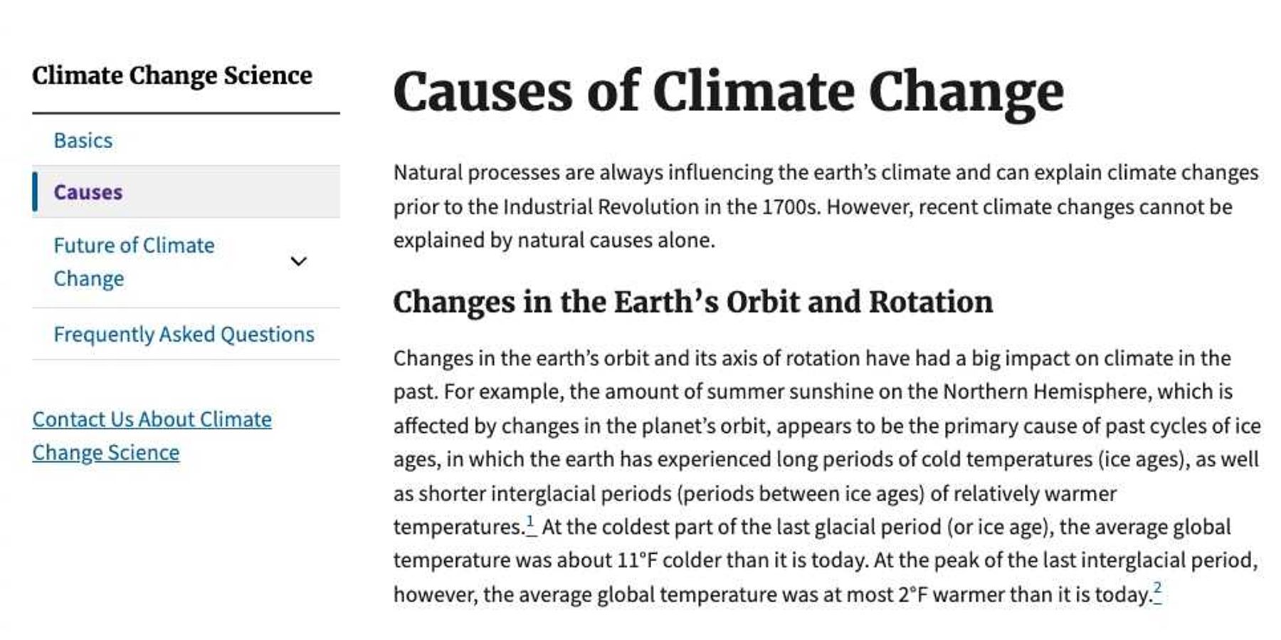 EPA web site page on causes of climate change