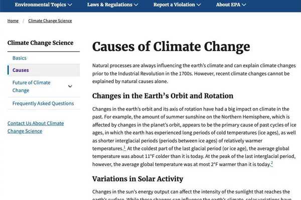 EPA web site page on causes of climate change