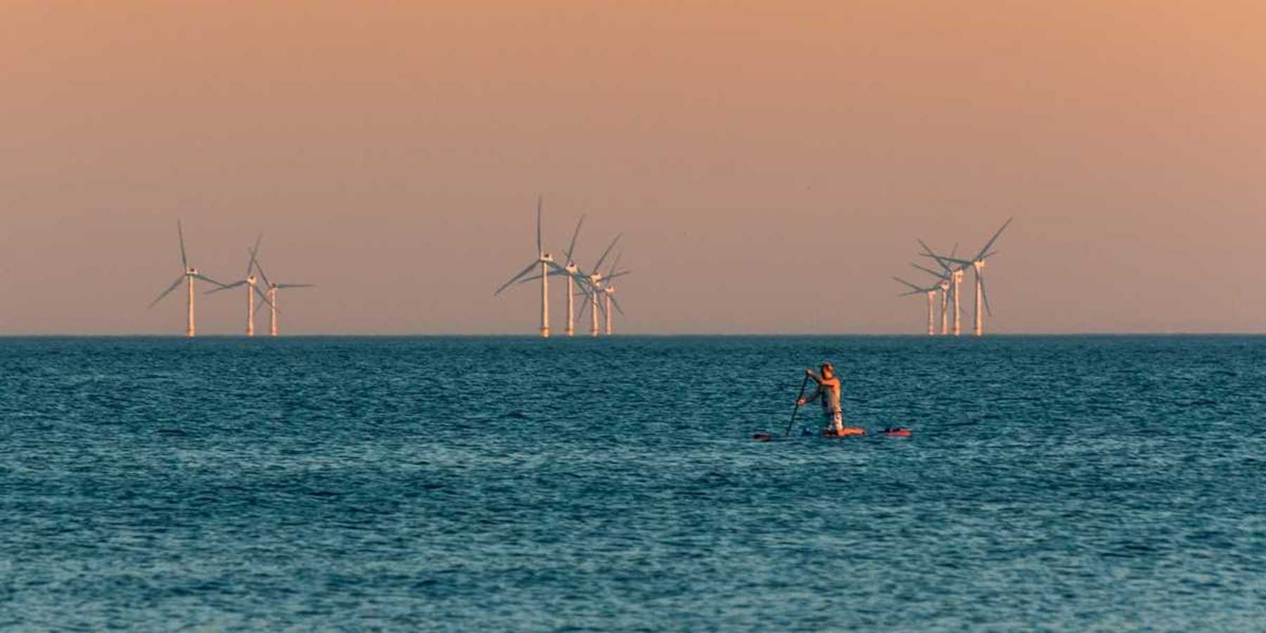 Figure kneeling on paddleboard with a dozen wind turbines in background