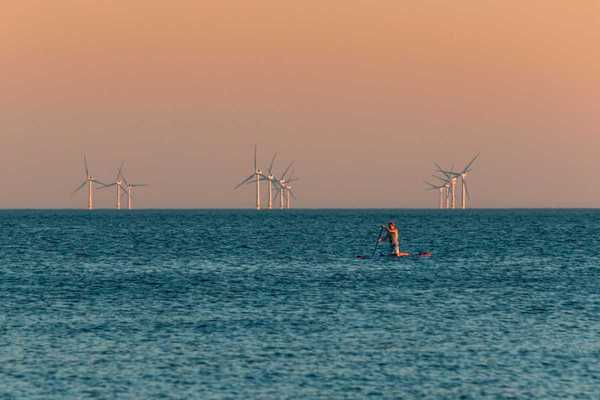 Figure kneeling on paddleboard with a dozen wind turbines in background