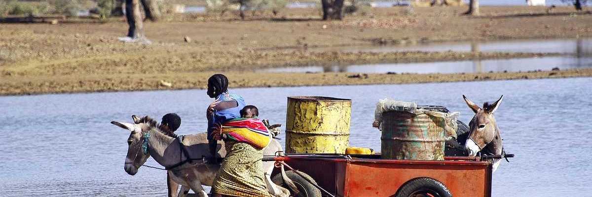 Filling and transportation of water bottles at lake for women to irrigate crops
