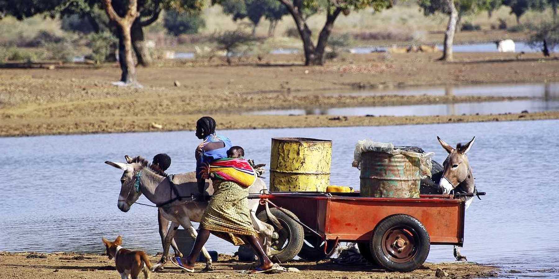 Filling and transportation of water bottles at lake for women to irrigate crops