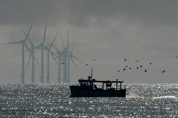 Fishing boat with offshore wind turbines in background