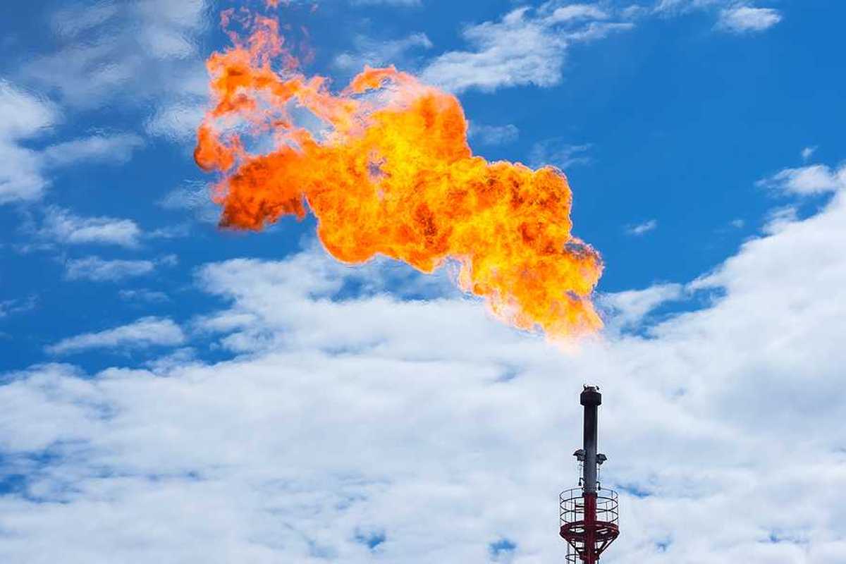 Flaring (burning off) of excess methane at oil and gas well