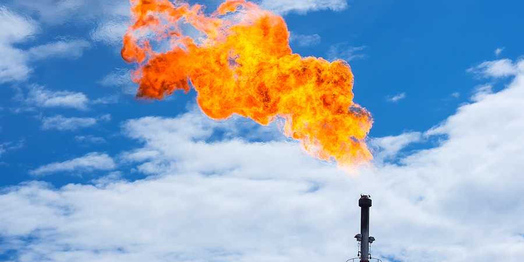 Flaring (burning off) of excess methane at oil and gas well