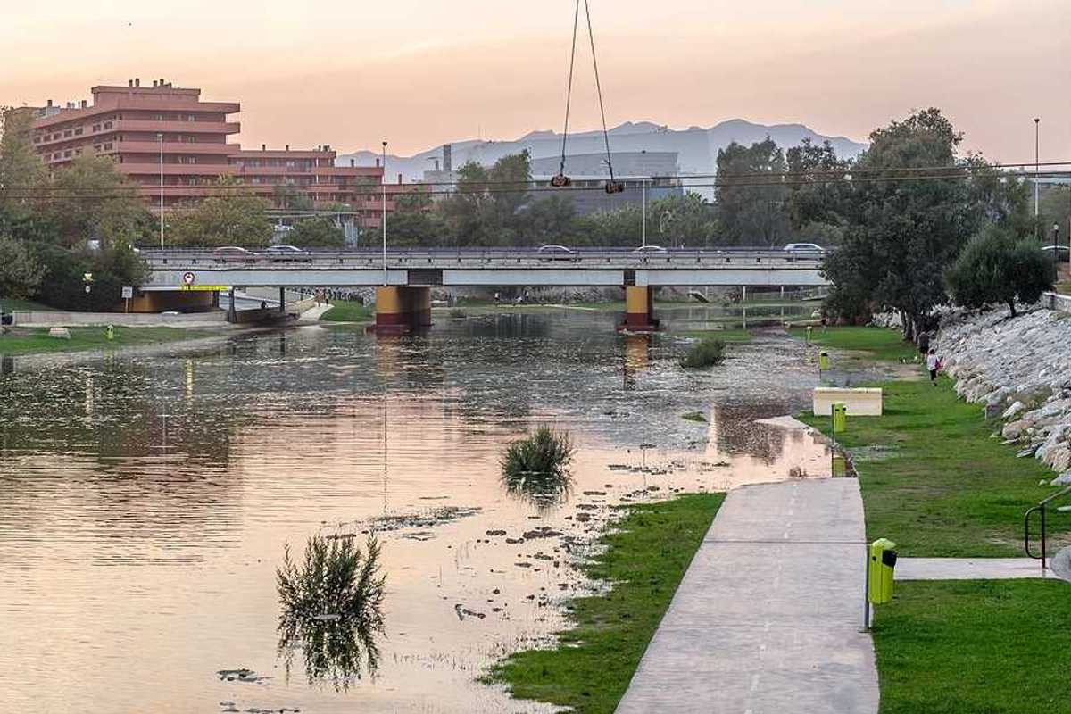Flooded banks of a river in Spain after a storm