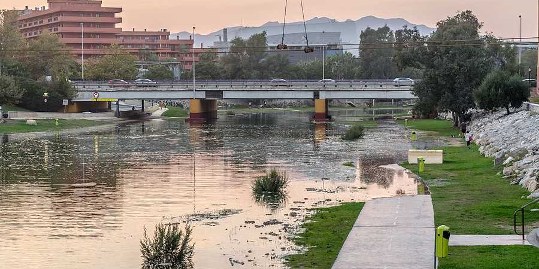 Flooded banks of a river in Spain after a storm