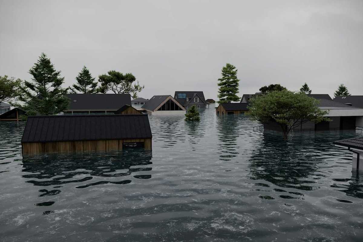Flooded coastal neighborhood. Partially submerged homes and structures.