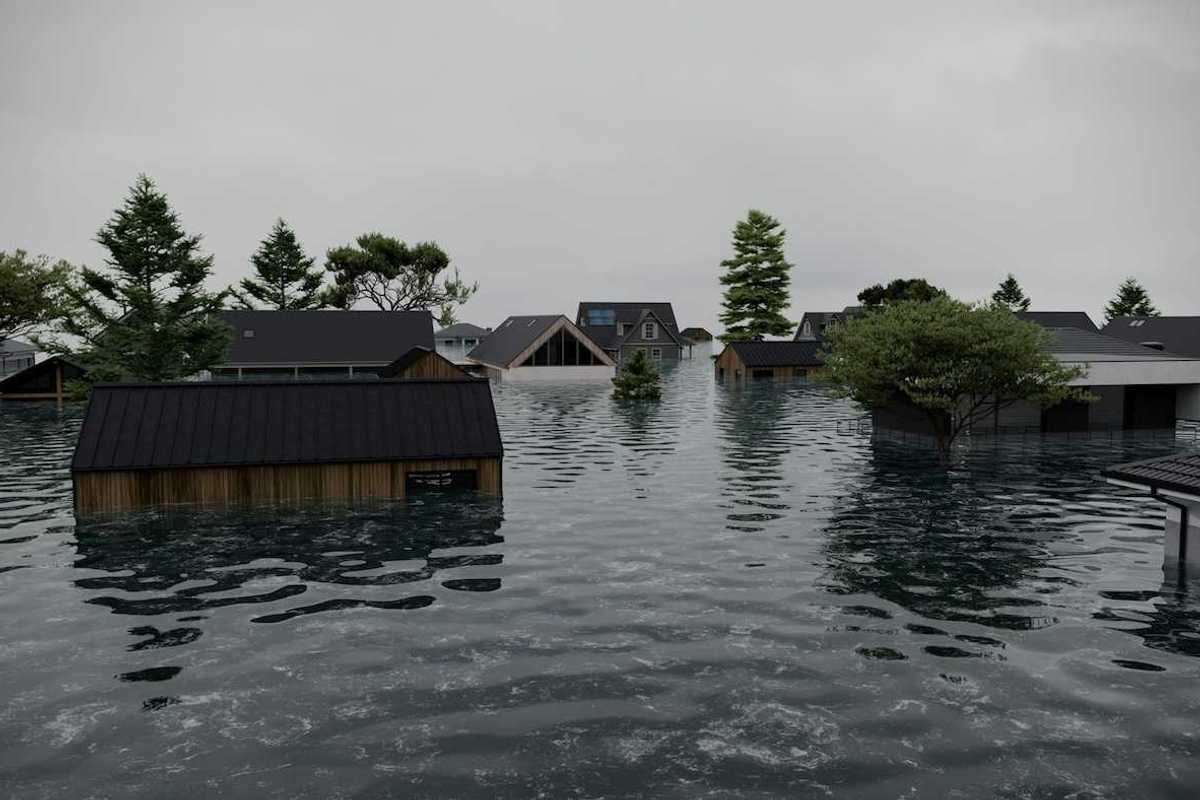Flooded neighborhood. Multiple homes with floodwaters halfway up the first story.