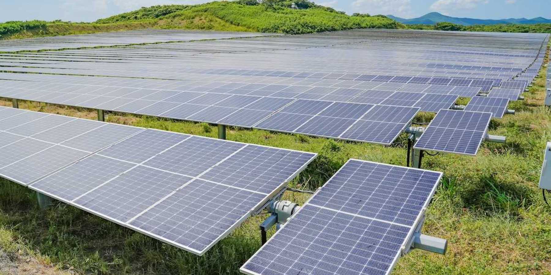 Free-standing solar panels arrayed in an open space