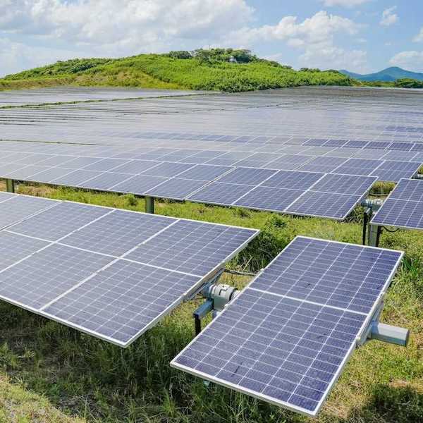Free-standing solar panels arrayed in an open space