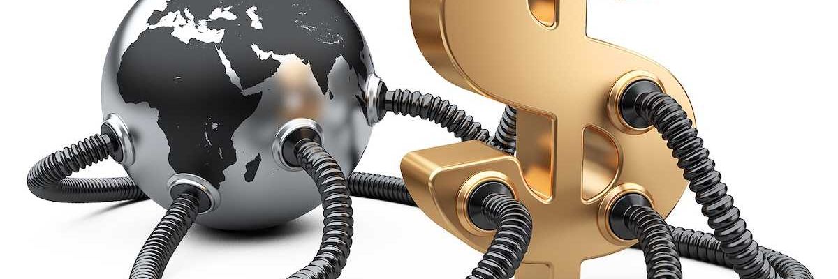 Gas and oil pipes attached to dollar sign and planet earth.