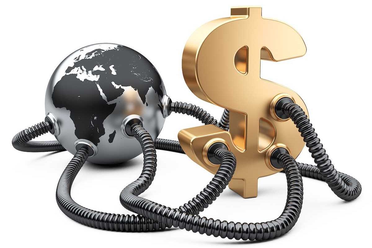 Gas and oil pipes attached to dollar sign and planet earth.