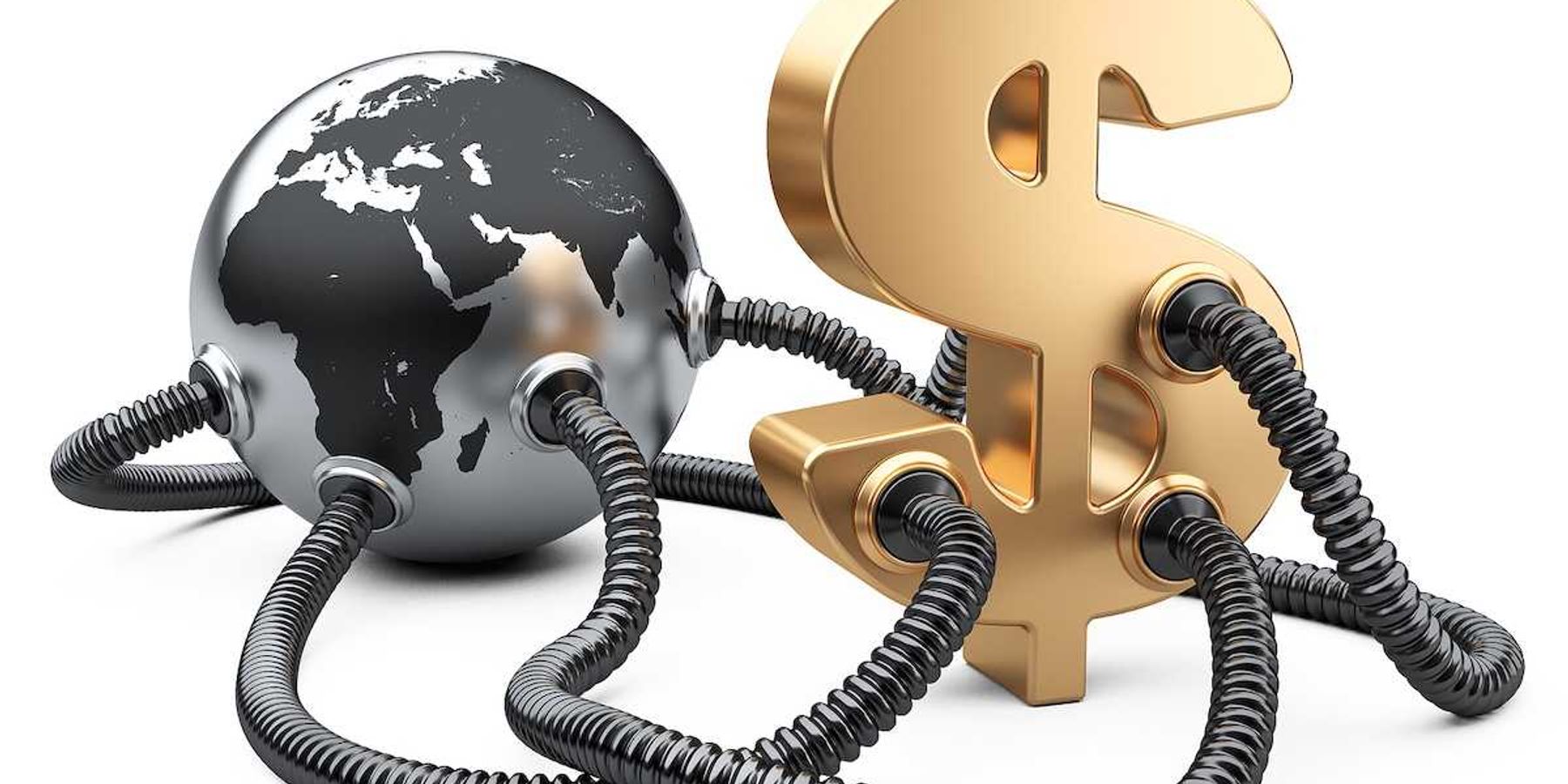 Gas and oil pipes attached to dollar sign and planet earth.
