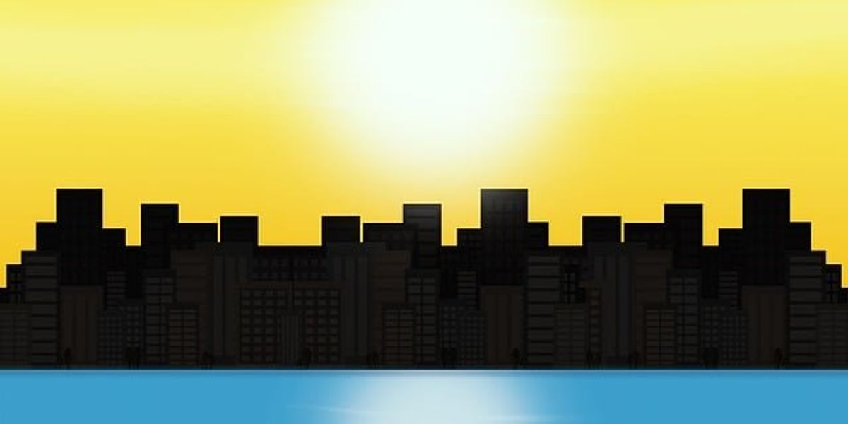 Graphic image of a city skyline with the sun in the background.