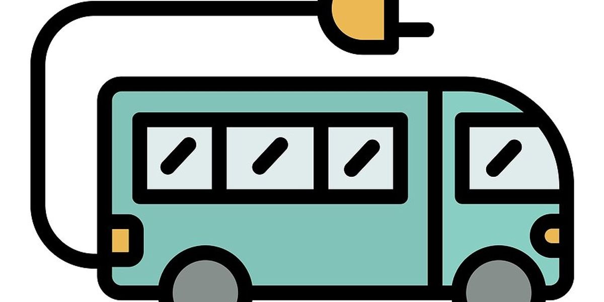 Graphic image of a pale green electric bus with a cord and plug coming out the back end.