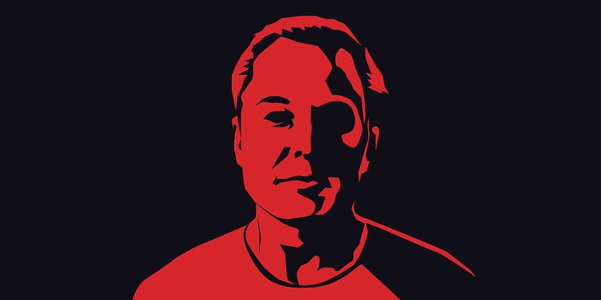 Graphic of Elon Musk in red and black.