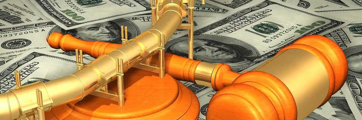 Graphic rendition illustrative of a golden fuel pipeline with a gavel superimposed over $100 bills