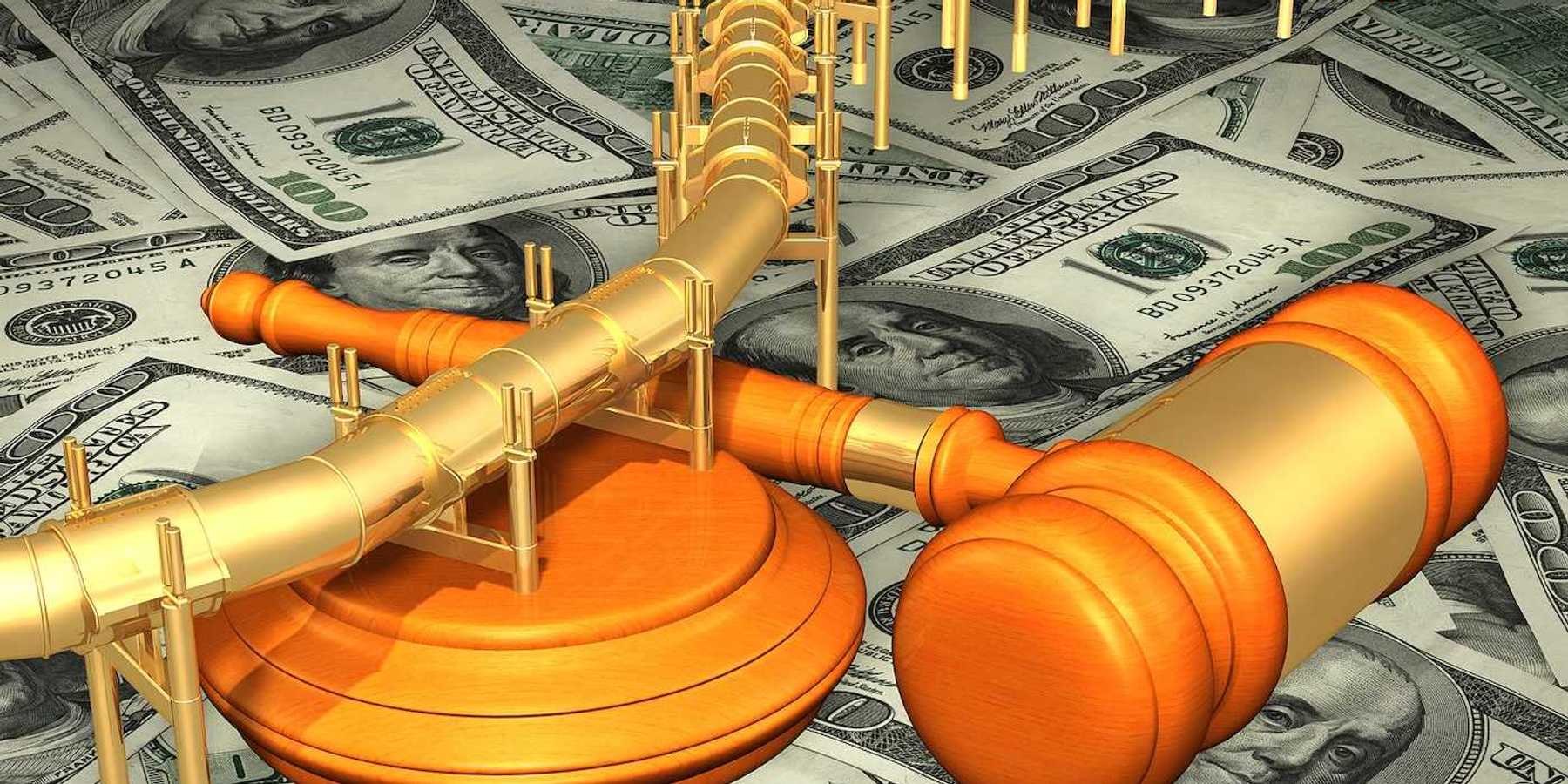 Graphic rendition illustrative of a golden fuel pipeline with a gavel superimposed over $100 bills