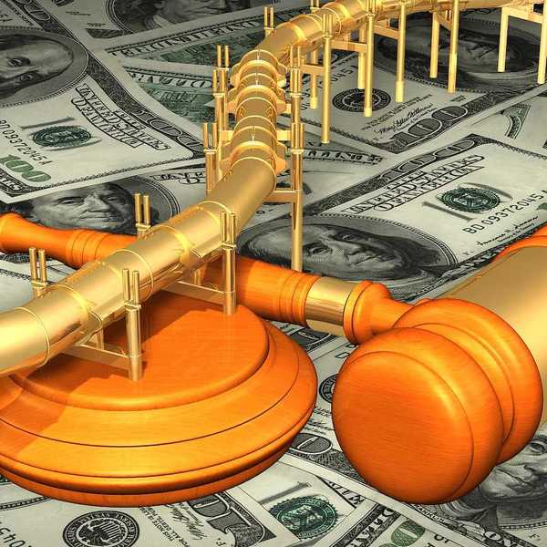 Graphic rendition illustrative of a golden fuel pipeline with a gavel superimposed over $100 bills