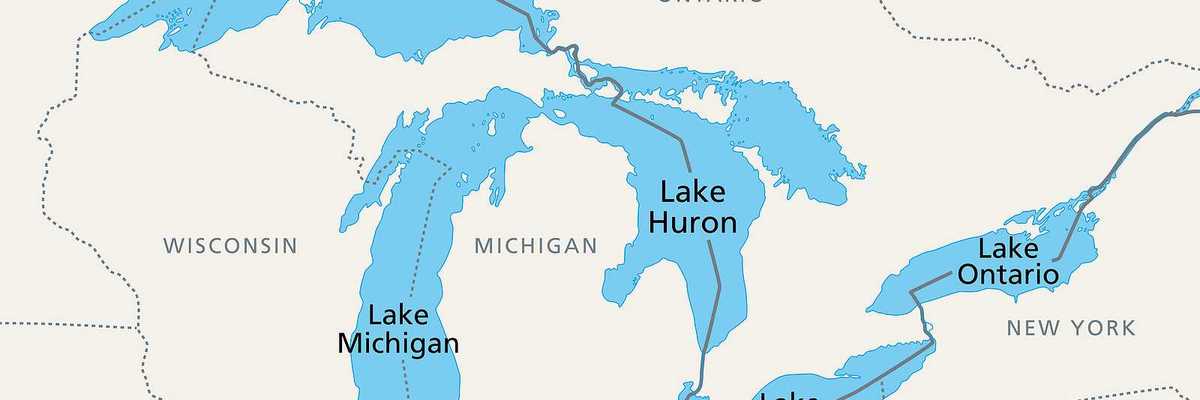 Great Lakes of North America, political map. Lake Superior, Michigan, Huron, Erie and Lake Ontario.
