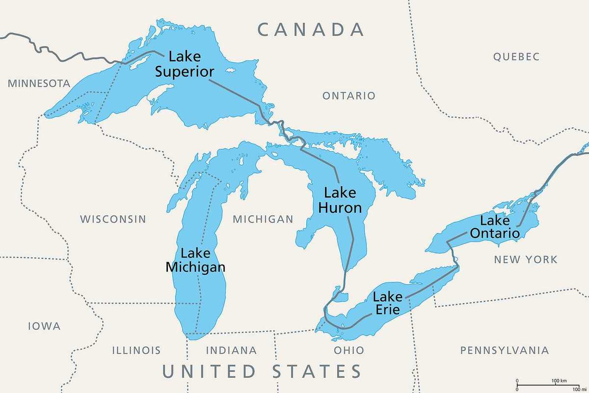 Great Lakes of North America, political map. Lake Superior, Michigan, Huron, Erie and Lake Ontario.