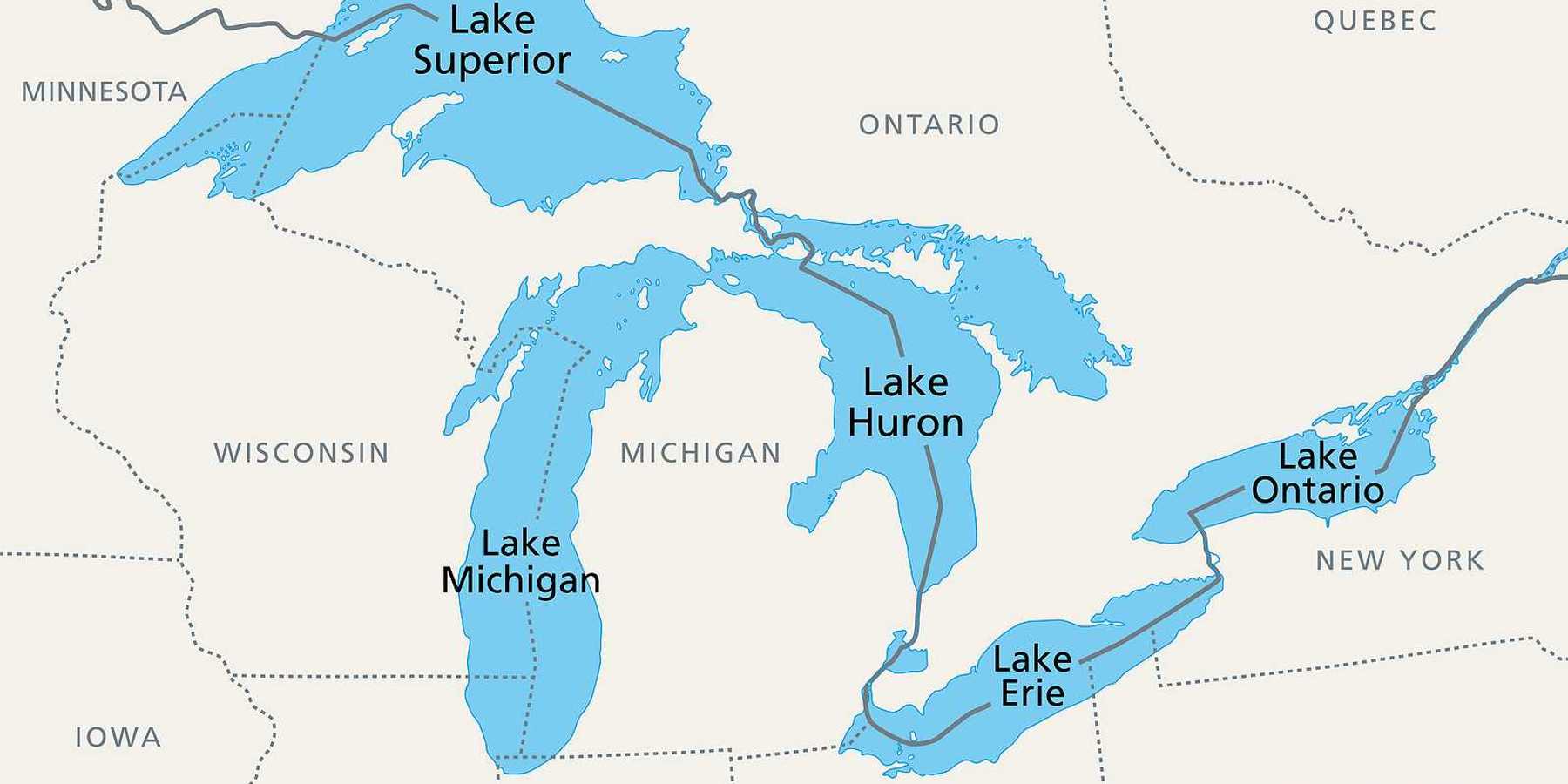 Great Lakes of North America, political map. Lake Superior, Michigan, Huron, Erie and Lake Ontario.