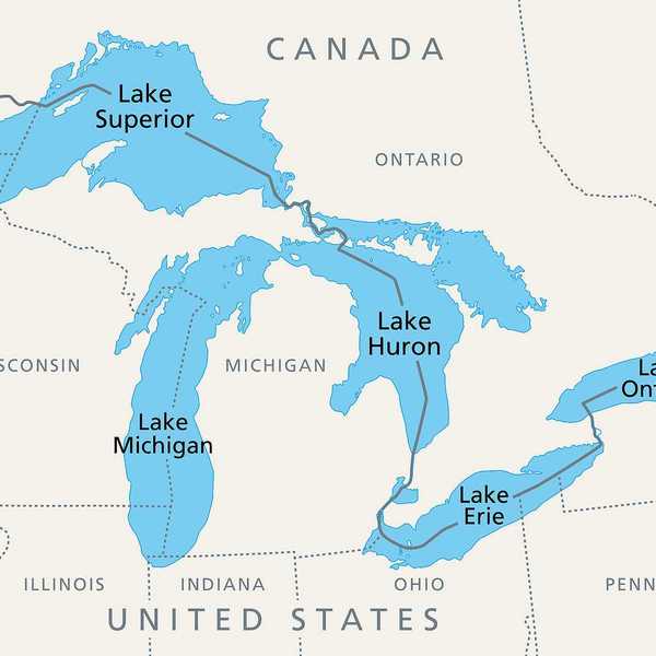 Great Lakes of North America, political map. Lake Superior, Michigan, Huron, Erie and Lake Ontario.