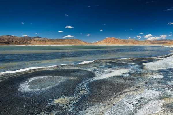Great Salt Lake in Utah with dry mountains in the background.